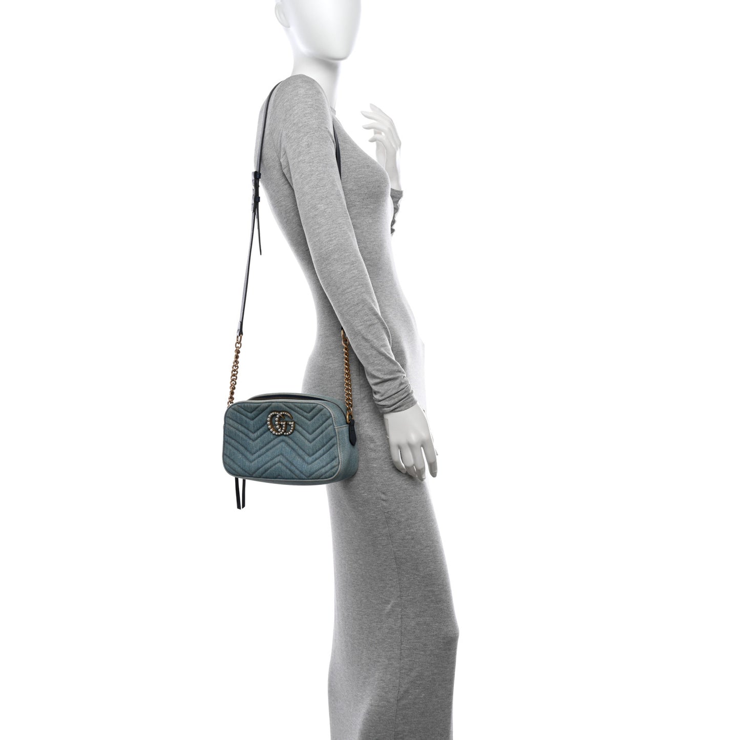 Denim Matelasse Small Pearly GG Marmont Chain Bag Blue