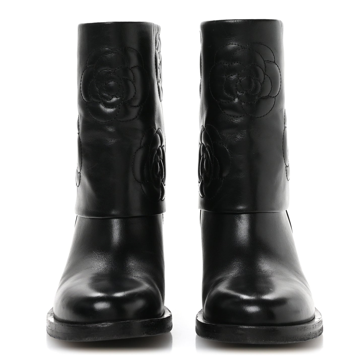 Calfskin Camellia Short Boots 37.5 Black