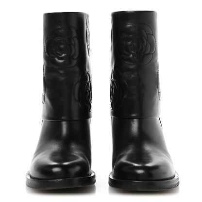 Chanel Calfskin Camellia Short Boots 37.5 Black 3 of 8