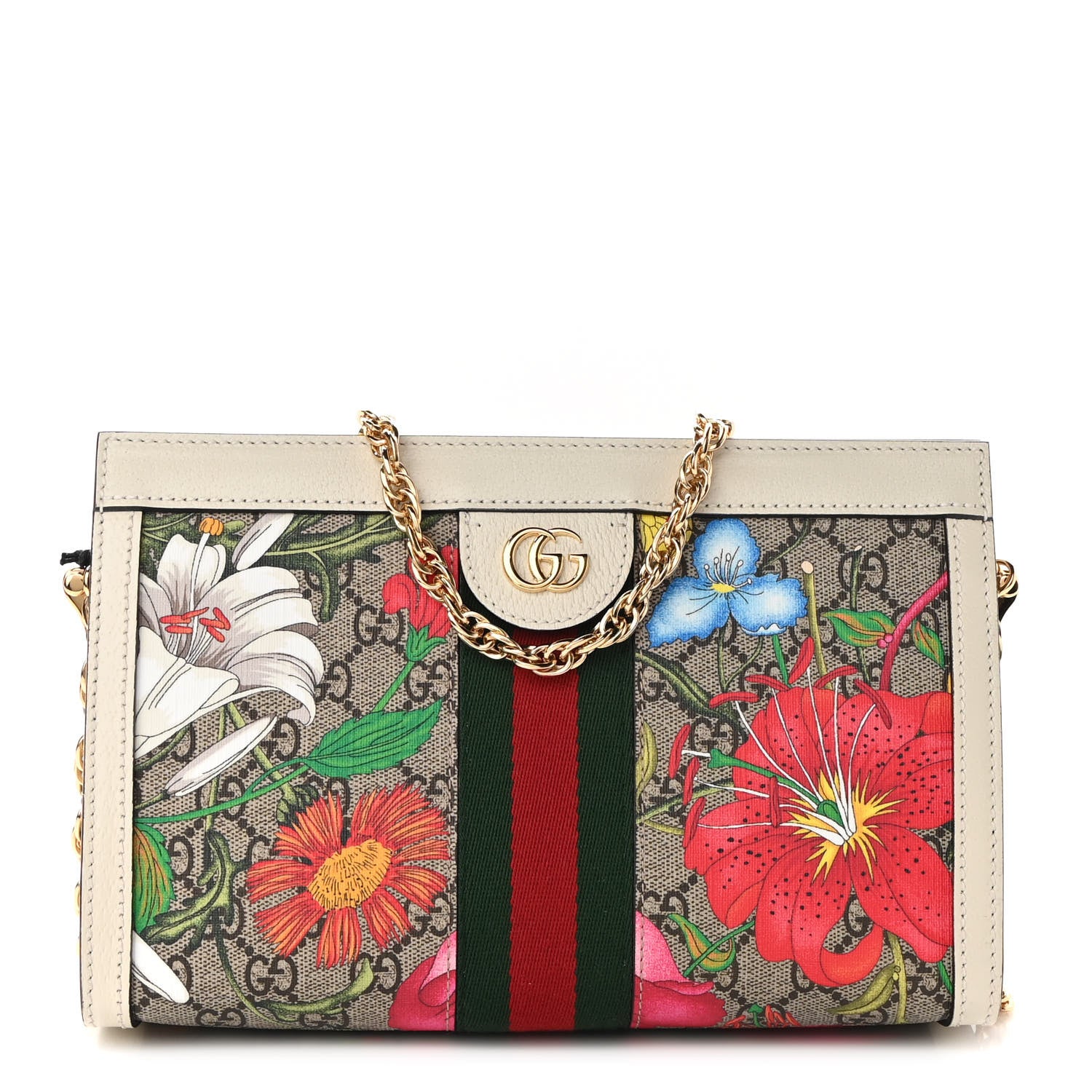 Gucci GG Supreme Monogram Flora Web Small Ophidia Chain Shoulder Bag White 1 of 11
