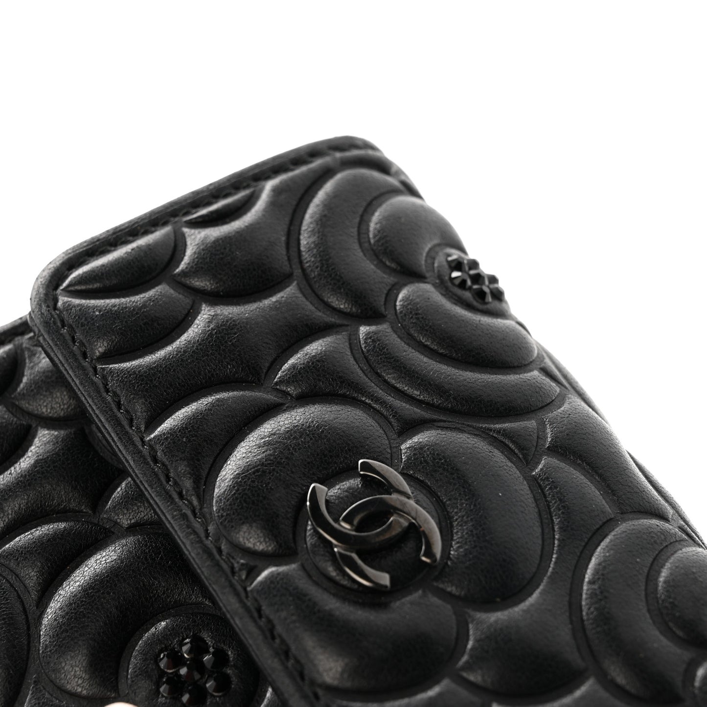 Lambskin Crystal Camellia Embossed Small Double Wallet Black