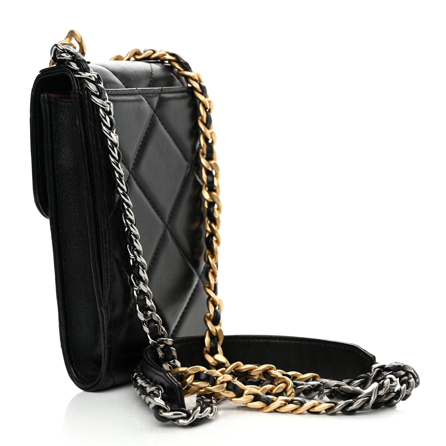 Lambskin Quilted Chanel 19 Phone Holder With Chain Black
