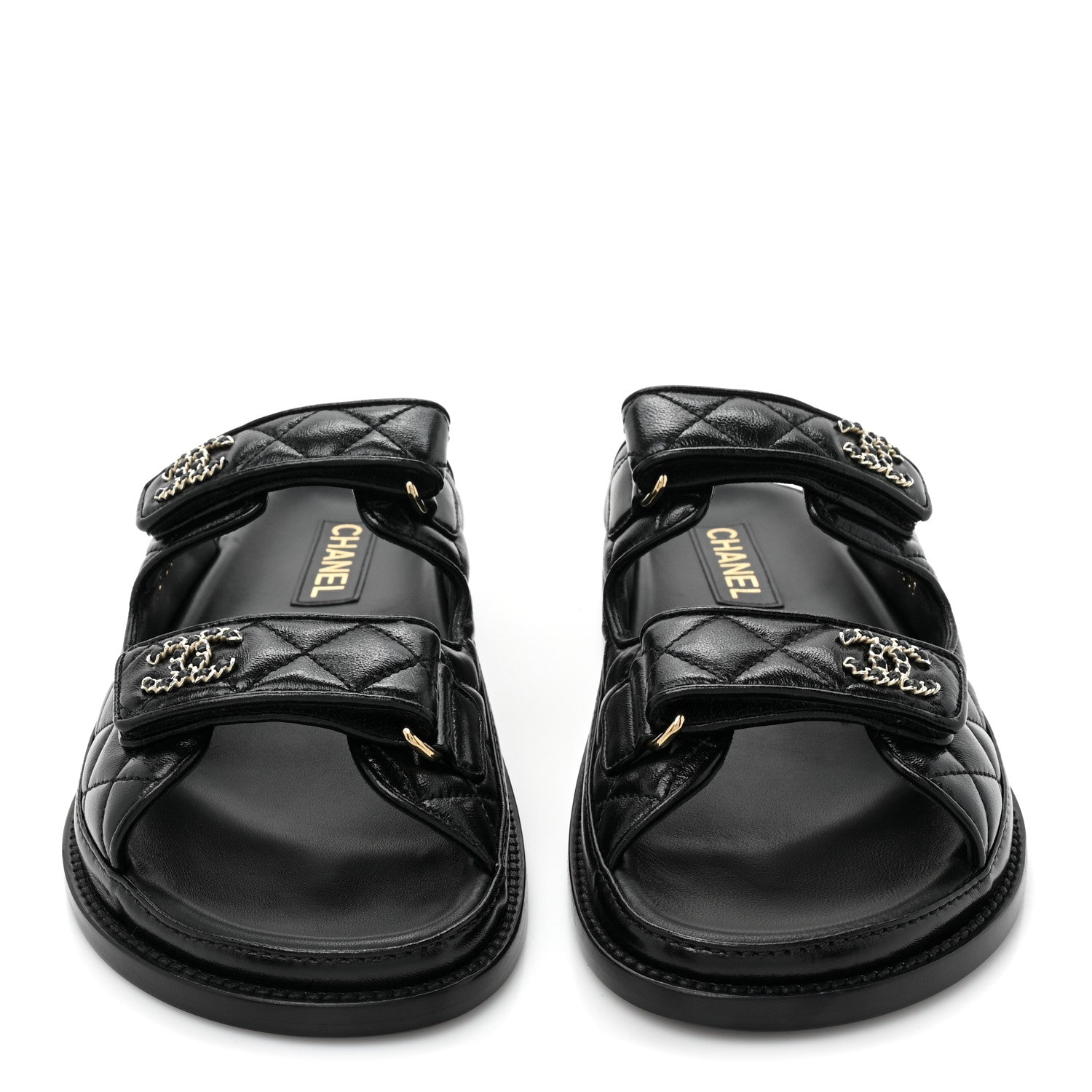Chanel Lambskin Quilted Velcro Dad Chain CC Slide Sandals 38 Black 2 of 9