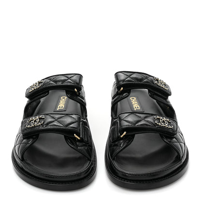 Chanel Lambskin Quilted Velcro Dad Chain CC Slide Sandals 38 Black 2 of 9