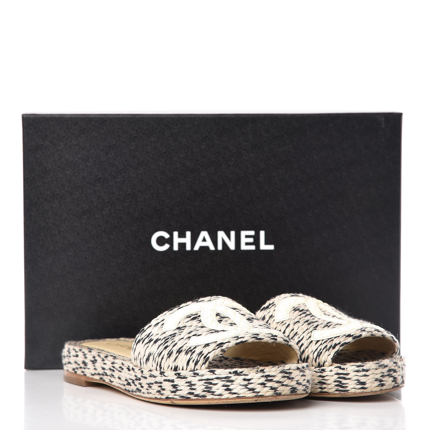Chanel Cord CC Espadrille Slip On Sandals 38 Beige Black 18 of 18
