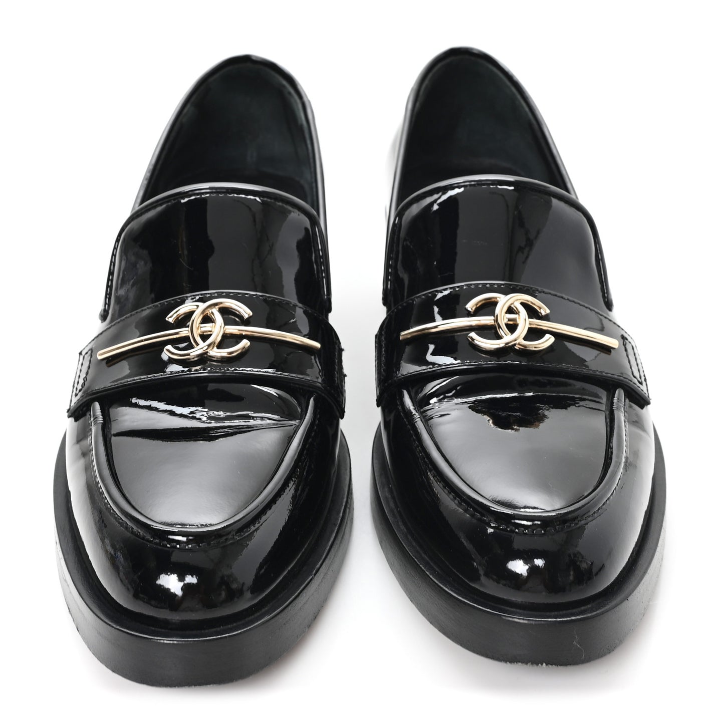 Patent Calfskin Metal CC Mocassin Loafers 38.5 Black