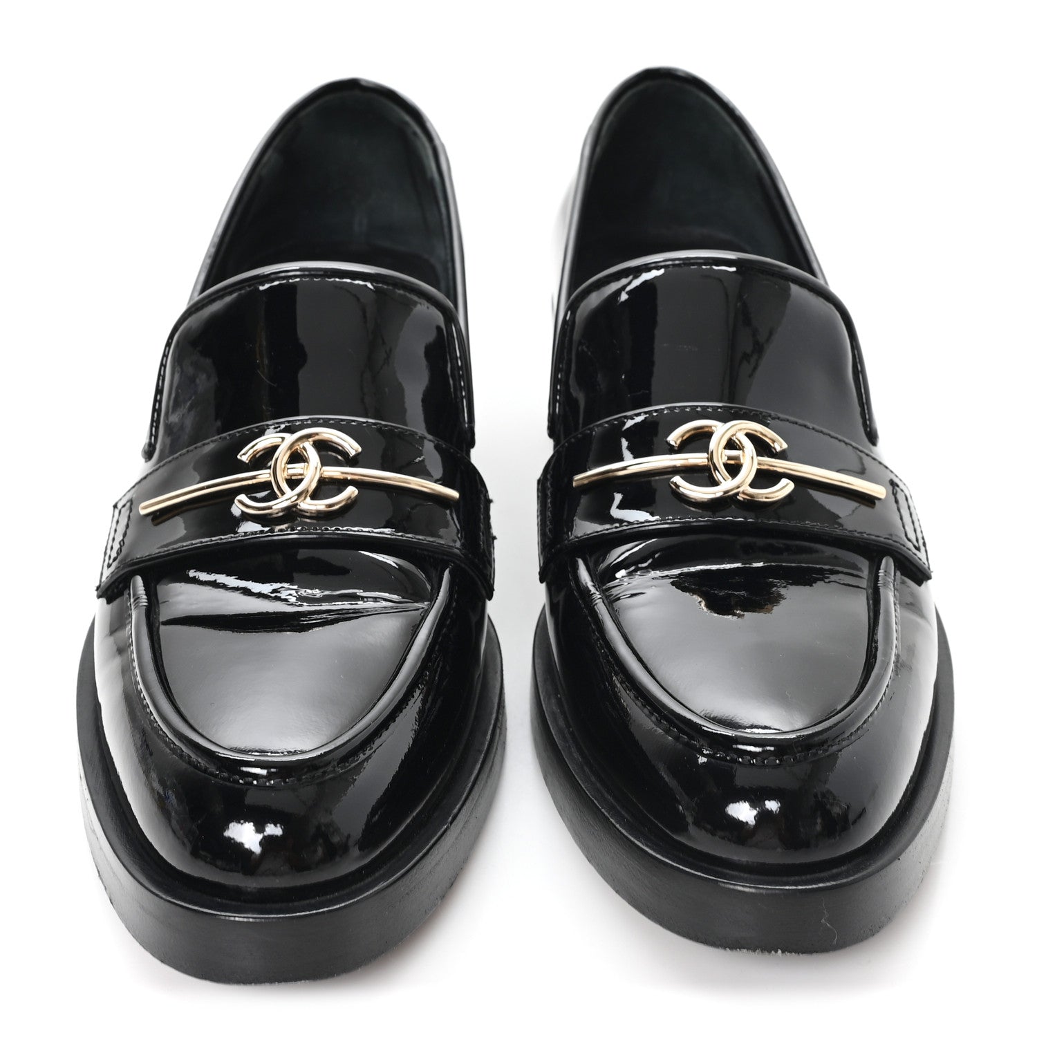 Chanel Patent Calfskin Metal CC Mocassin Loafers 38.5 Black 3 of 9