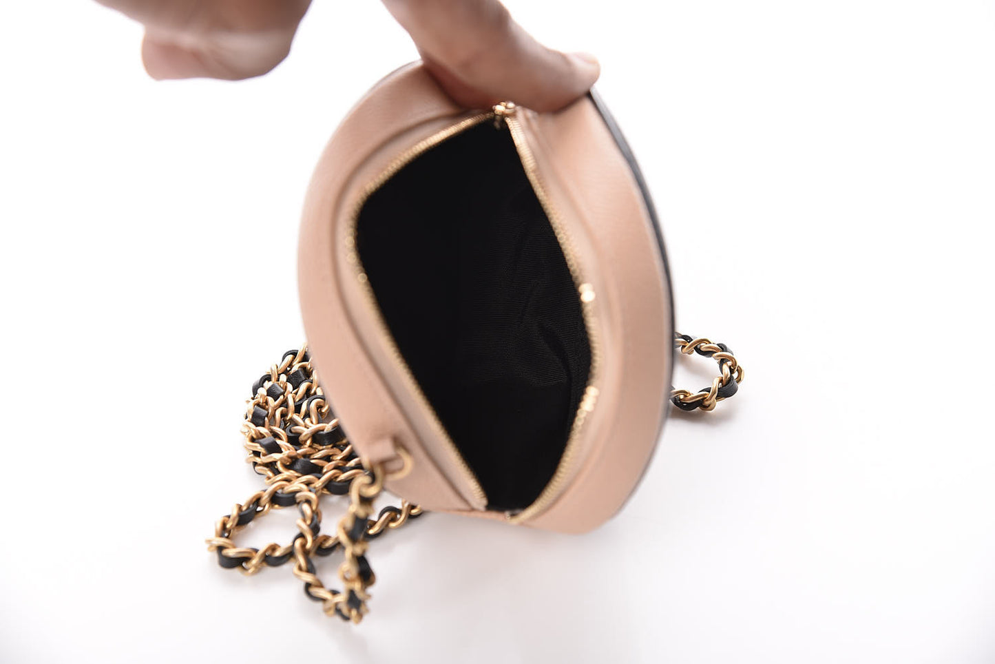Caviar Quilted Round Filigree Crossbody Beige Black
