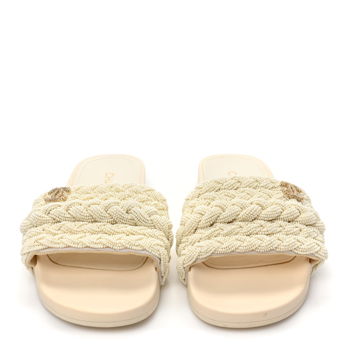 Lambskin Pearl Beaded Woven Slides 40 Beige