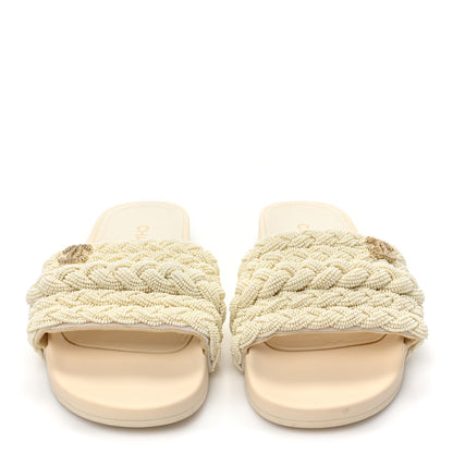 Chanel Lambskin Pearl Beaded Woven Slides 40 Beige 2 of 9
