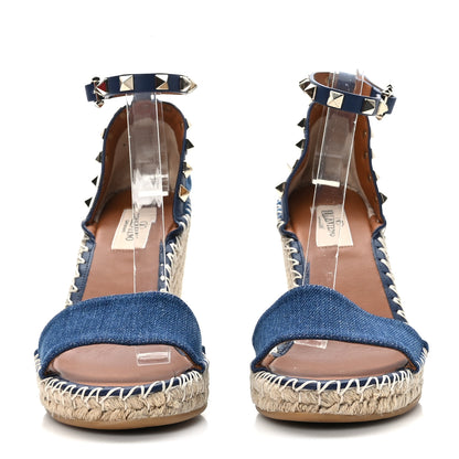 Valentino Garavani Denim Rockstud Ankle Strap Espadrille 15/105mm Wedge Sandals 37 Light Denim 2 of 7