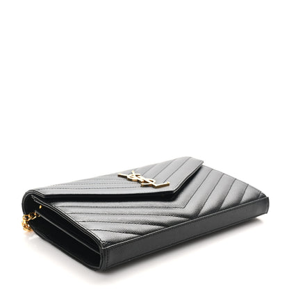 Saint Laurent Grain De Poudre Matelasse Chevron Monogram Chain Wallet Black 4 of 10