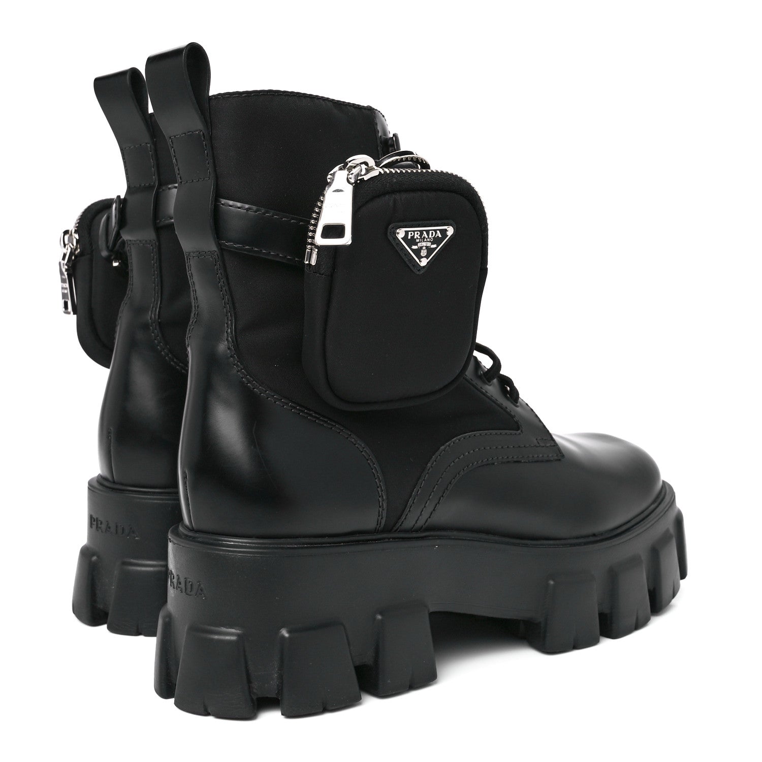Prada Spazzolato Rois Re-Nylon Metal Triangle Logo Monolith Pouch Pocket 55mm Boots 41 Black 4 of 11
