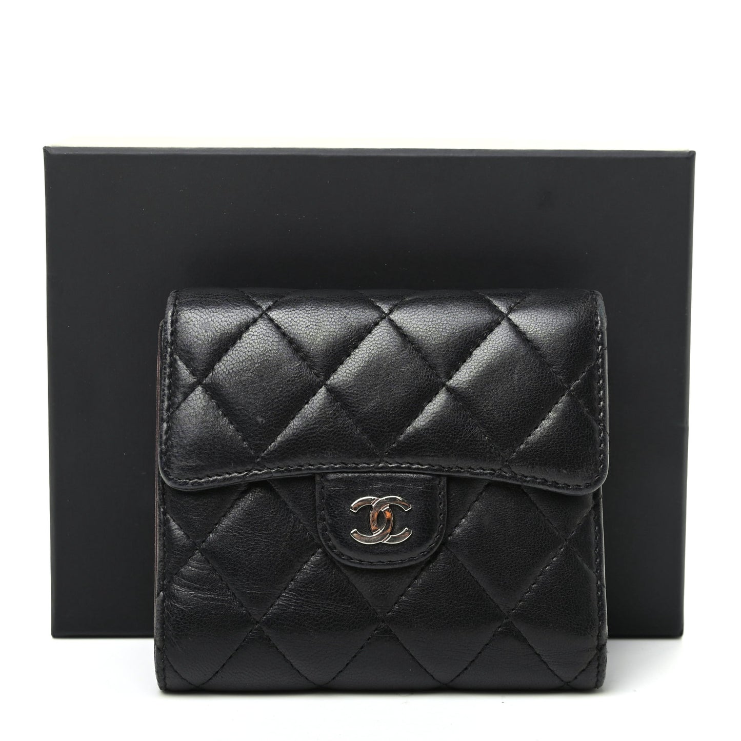 Lambskin Quilted Compact Flap Wallet Black