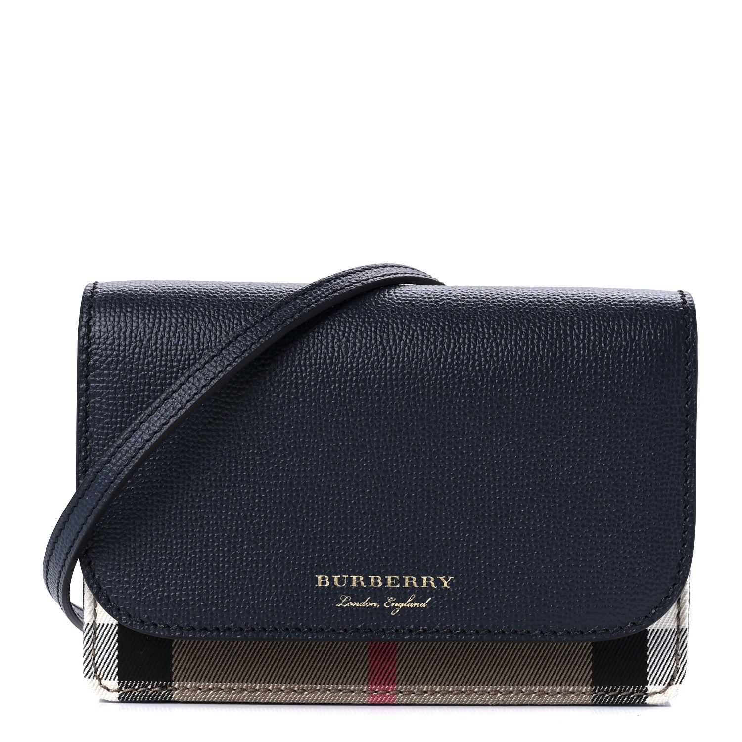 Burberry Grained Calfskin House Check Tartan Mix Hampshire Wallet On Chain Navy 1 of 9