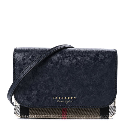Burberry Grained Calfskin House Check Tartan Mix Hampshire Wallet On Chain Navy 1 of 9