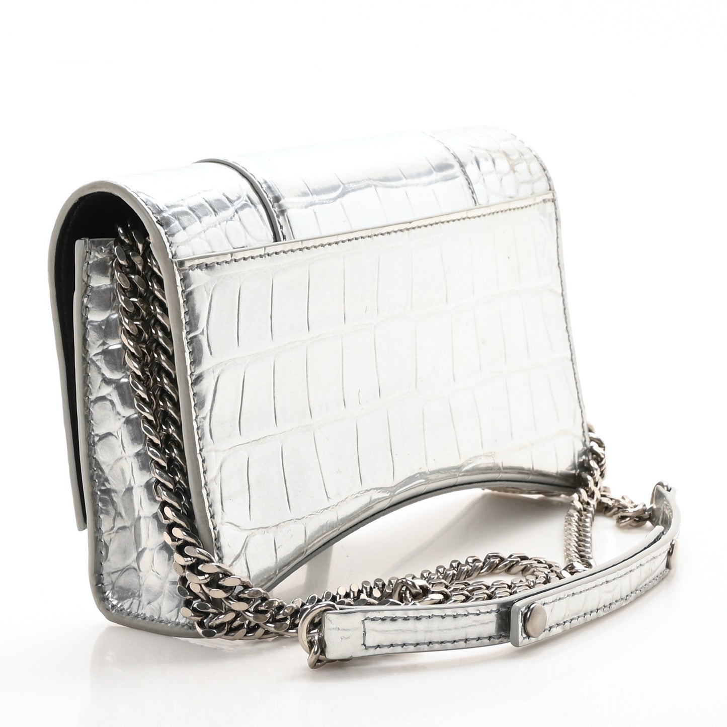 Metallic Calfskin Crocodile Embossed Hourglass Chain Bag  Silver