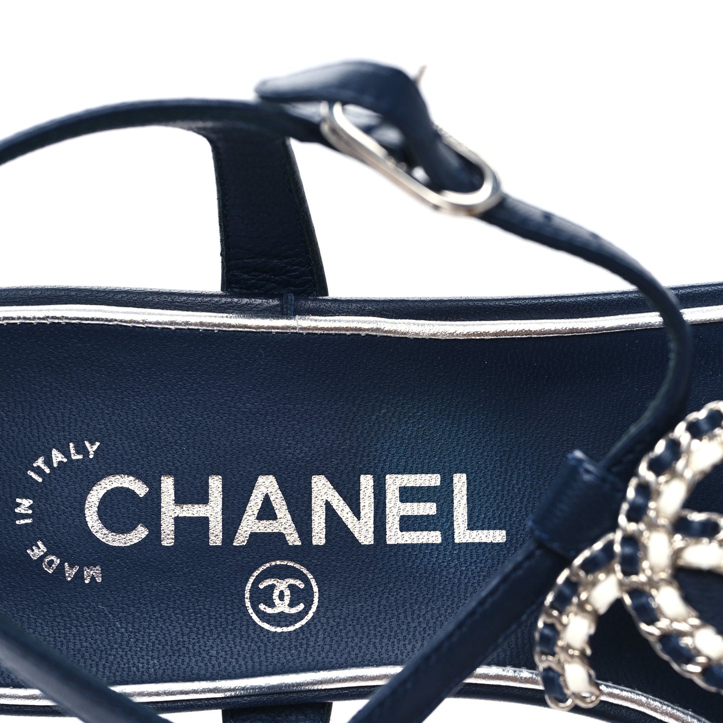 Lambskin CC Chain Thong Sandals 38 Navy