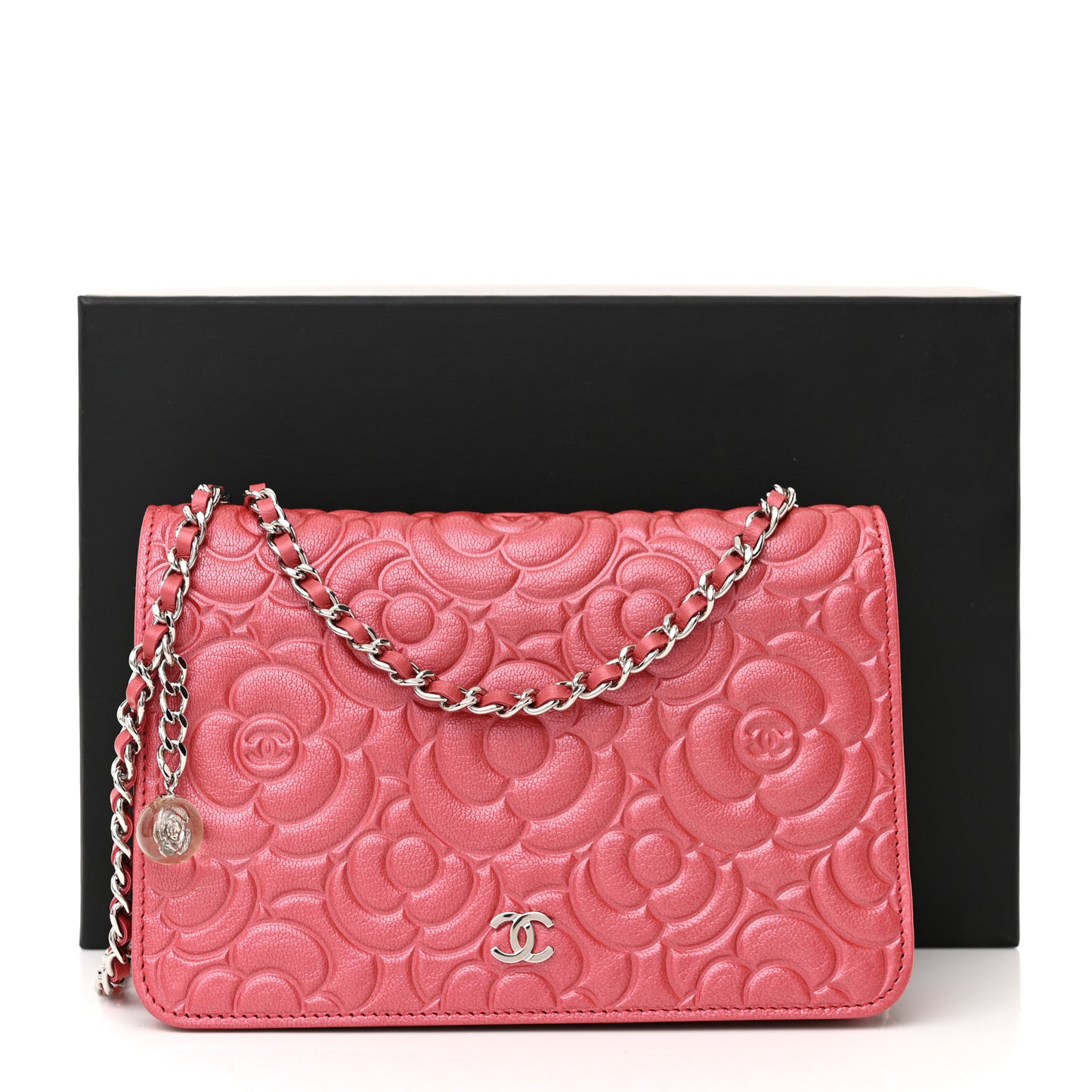 Goatskin Camellia Embossed Wallet On Chain WOC Pink