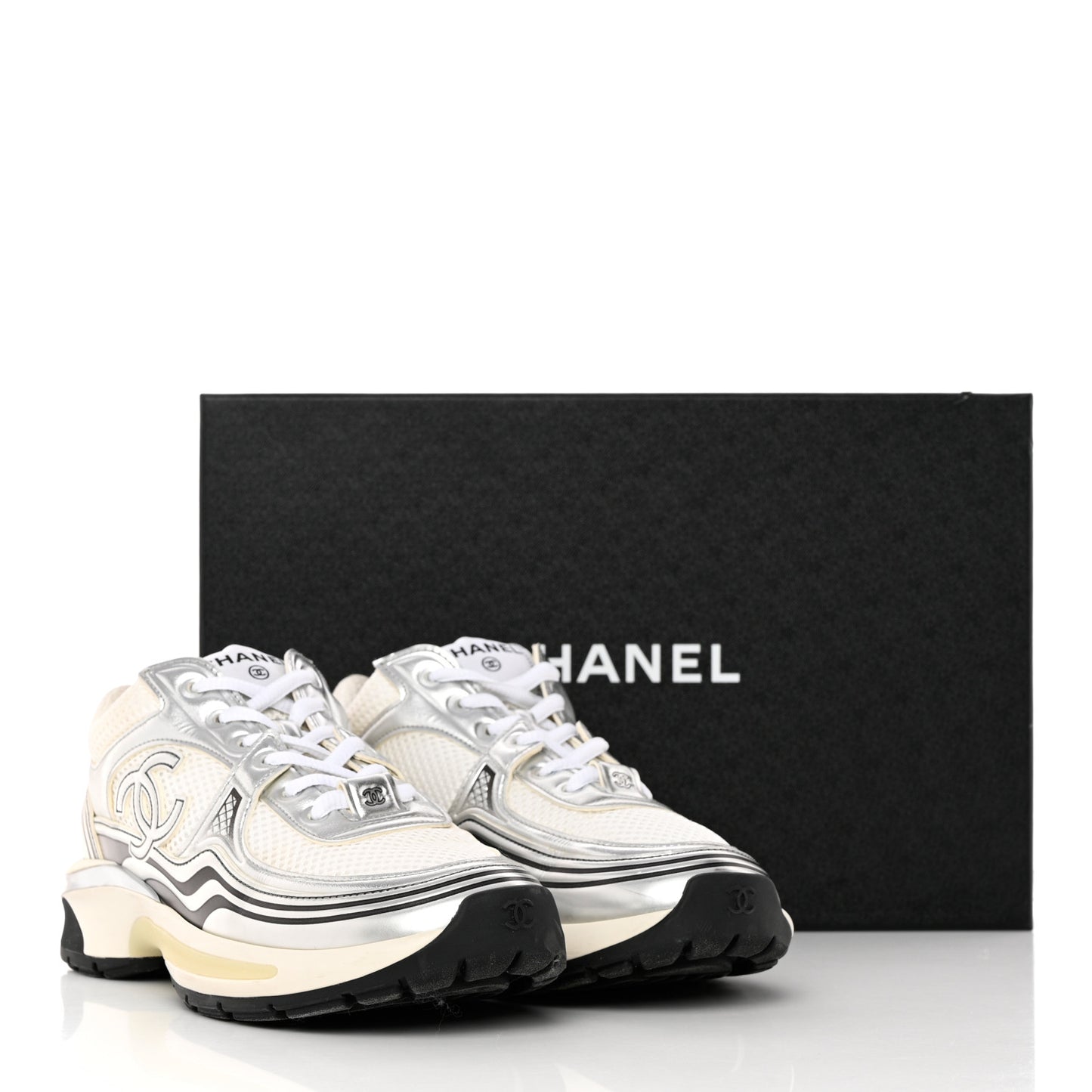 Fabric Laminated Calfskin Stretch CC Sneakers 37 White Silver