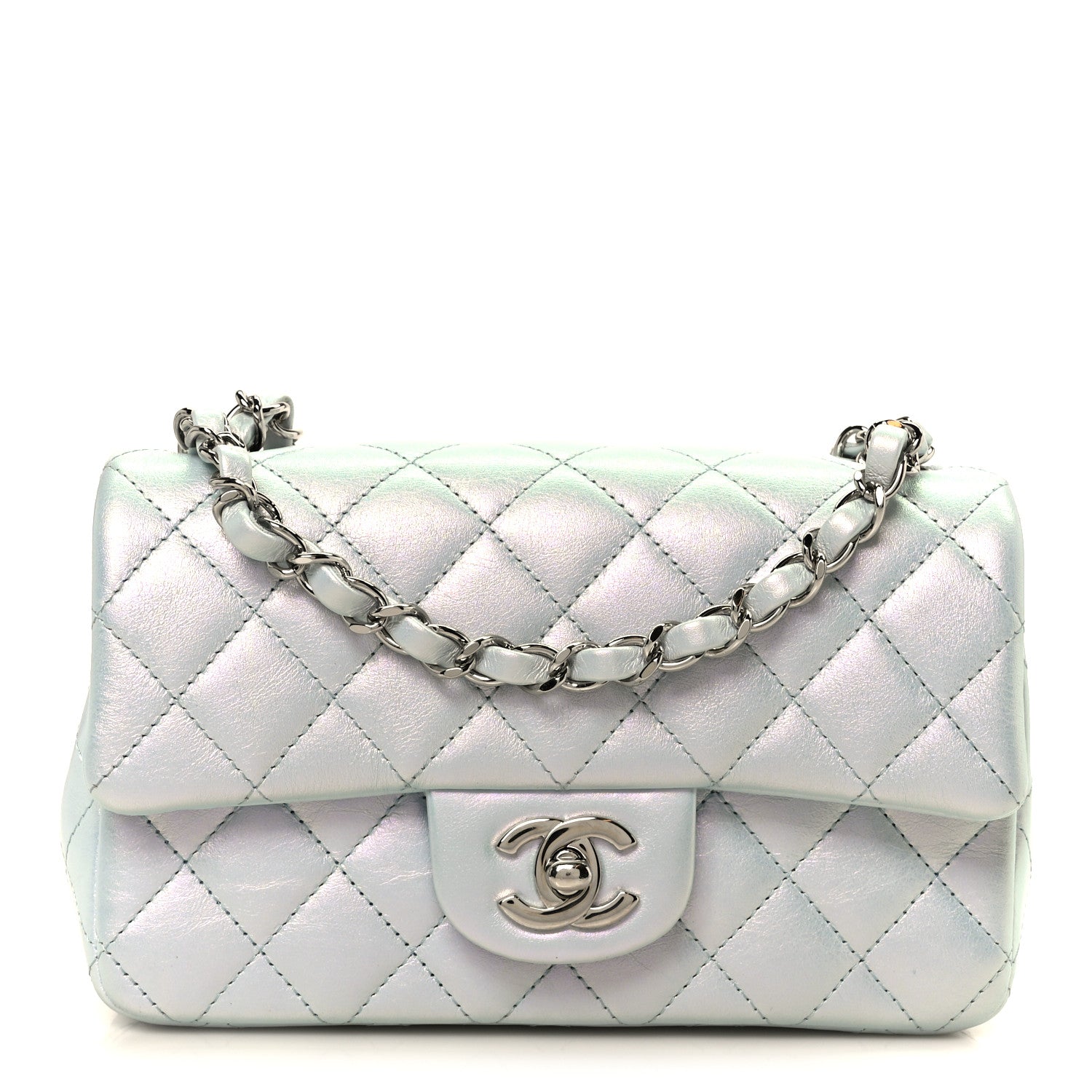 Chanel Iridescent Calfskin Quilted Mini Rectangular Flap Light Blue 1 of 11