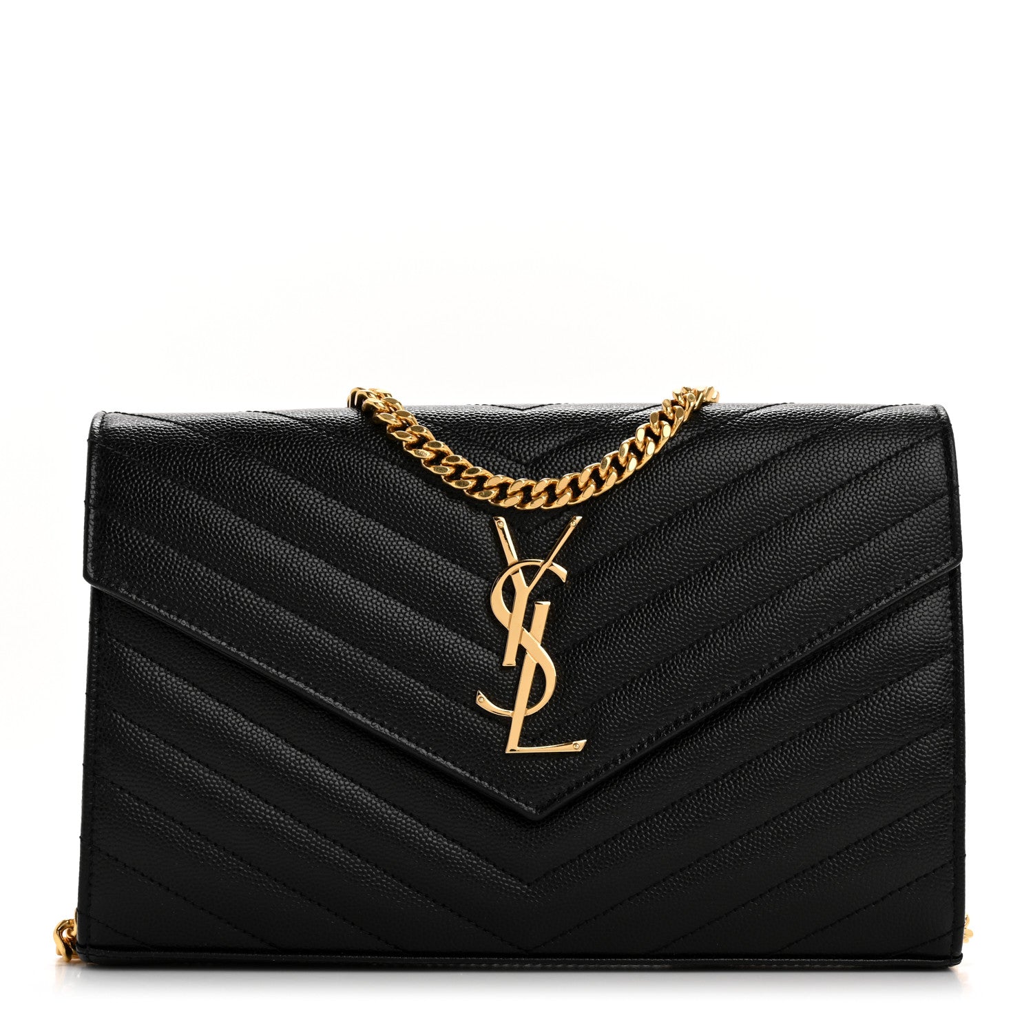 Saint Laurent Grain De Poudre Matelasse Chevron Monogram Chain Wallet Black 1 of 9