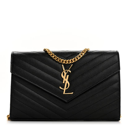 Saint Laurent Grain De Poudre Matelasse Chevron Monogram Chain Wallet Black 1 of 9