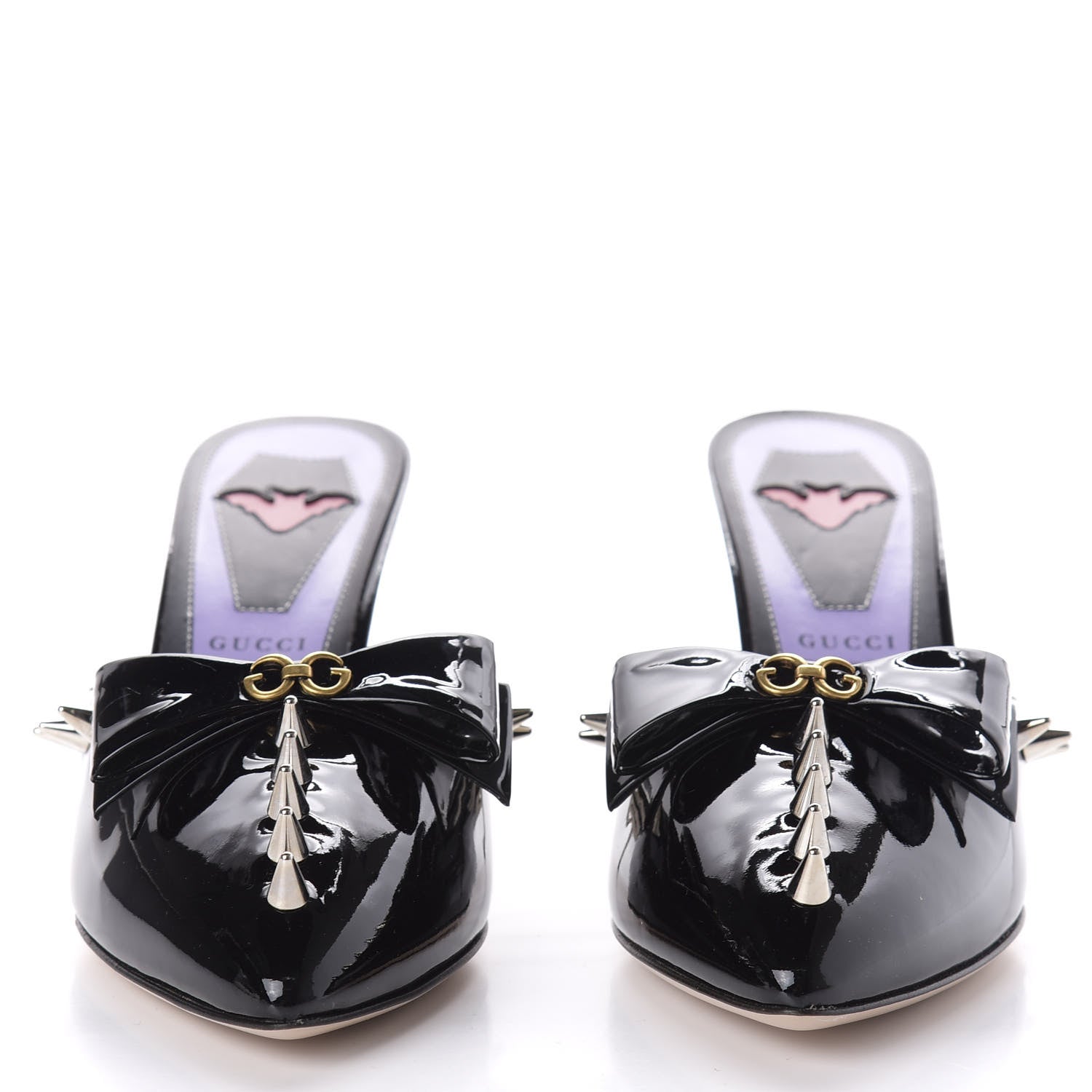 Gucci Patent GG Bow Sadie Spike Mid Heel Mules 37.5 Black 2 of 10