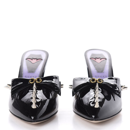 Gucci Patent GG Bow Sadie Spike Mid Heel Mules 37.5 Black 2 of 10