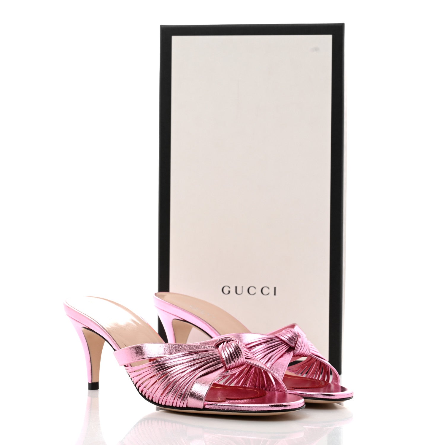 Gucci Metallic Nappa Crawford Knot Mid Heel Slide Sandals 37.5 Rosa 8 of 8