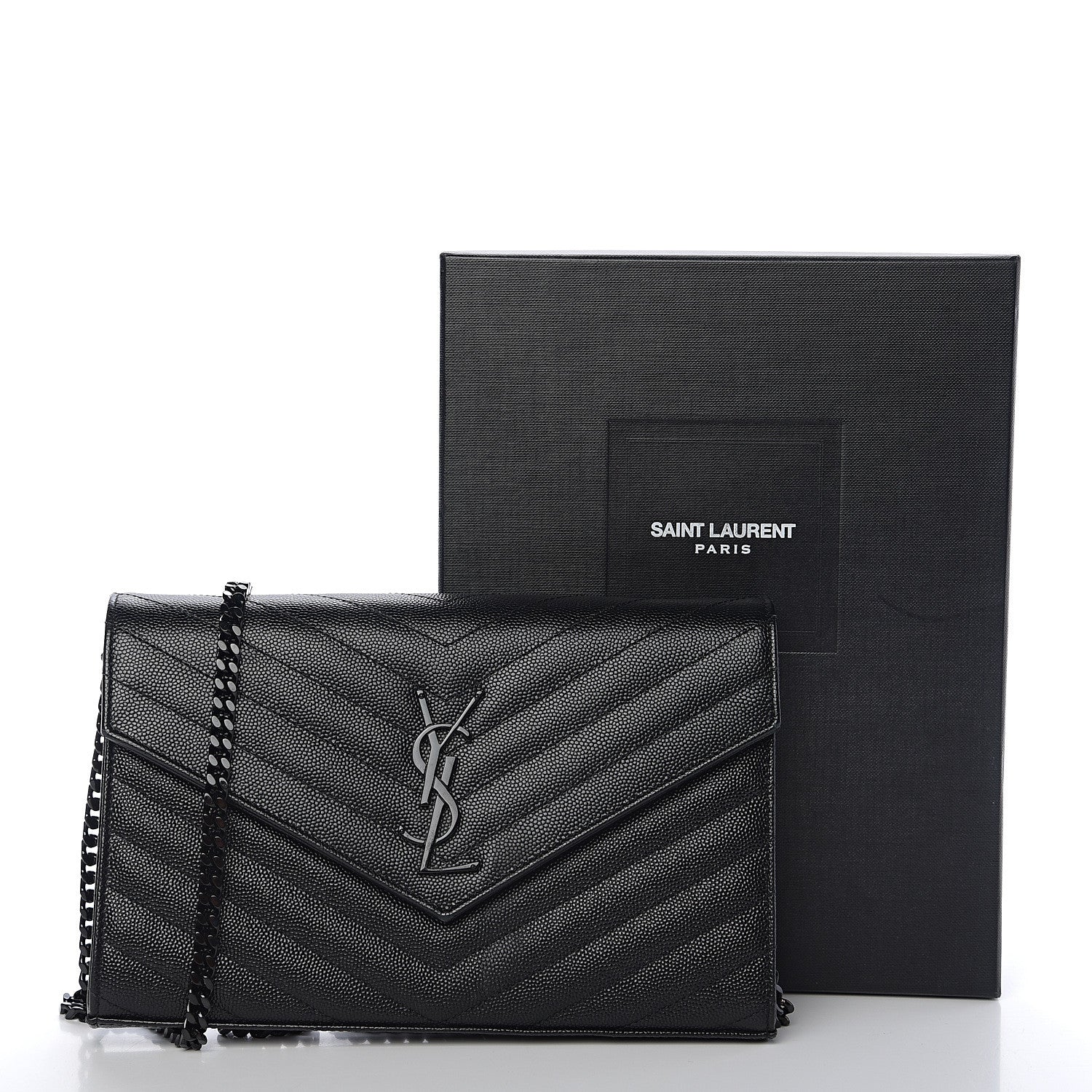 Saint Laurent Grain De Poudre Matelasse Chevron Monogram Chain Wallet Black 11 of 11