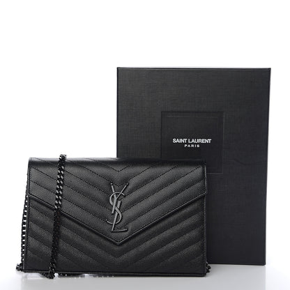 Saint Laurent Grain De Poudre Matelasse Chevron Monogram Chain Wallet Black 11 of 11