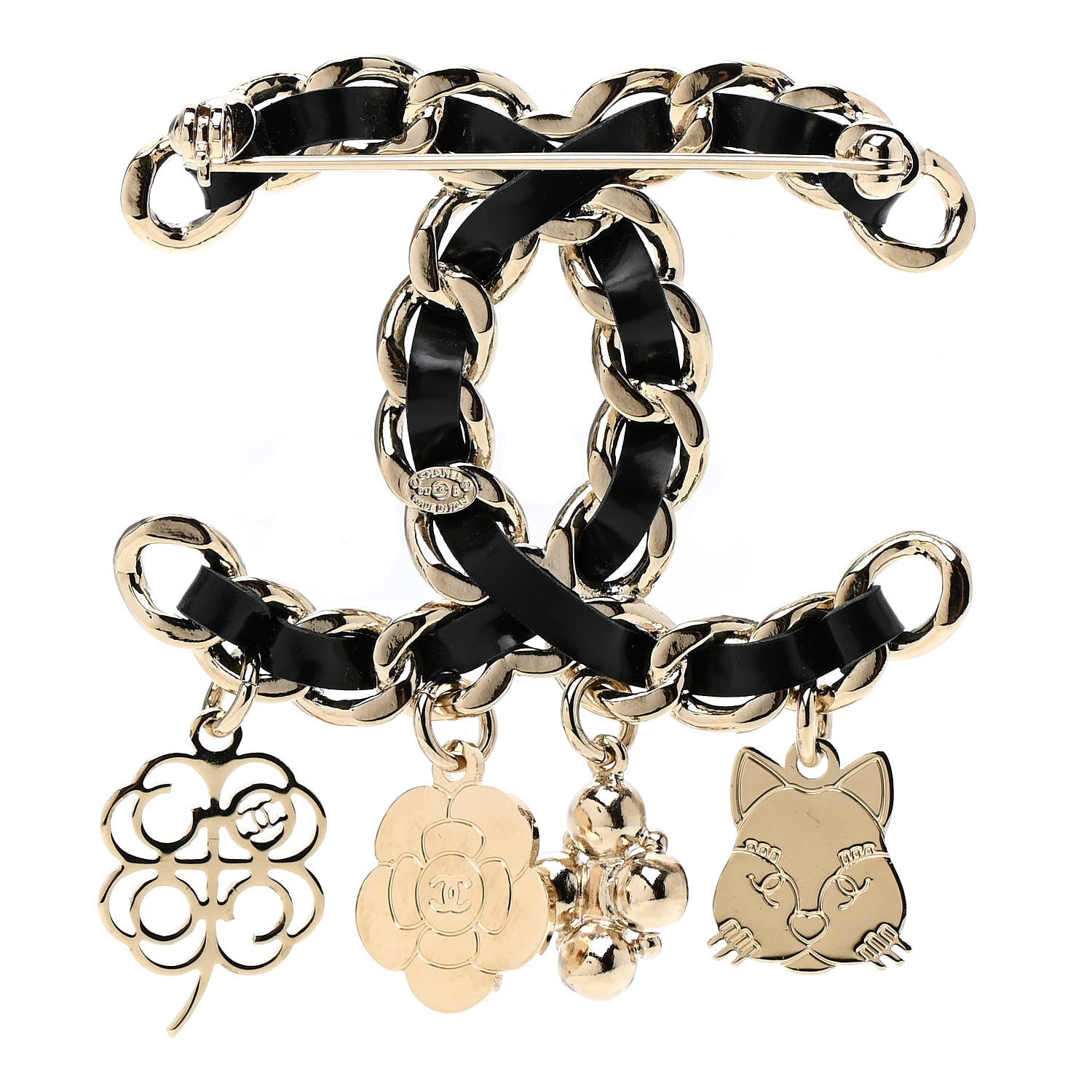 Chanel Lambskin Crystal Chain CC Charms Brooch Black Gold 3 of 5