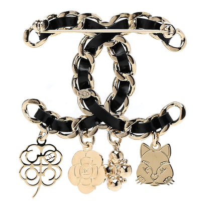 Chanel Lambskin Crystal Chain CC Charms Brooch Black Gold 3 of 5