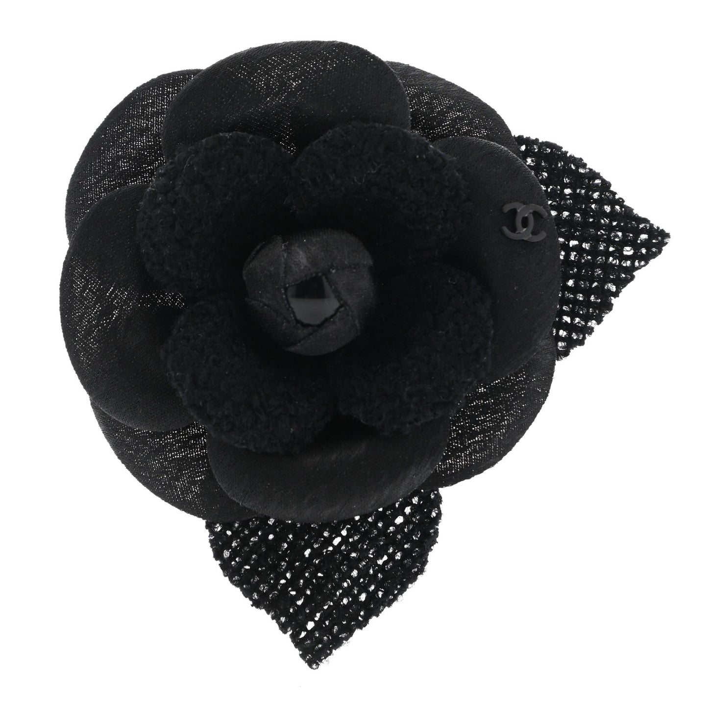 Tweed Camellia Pin Brooch Black