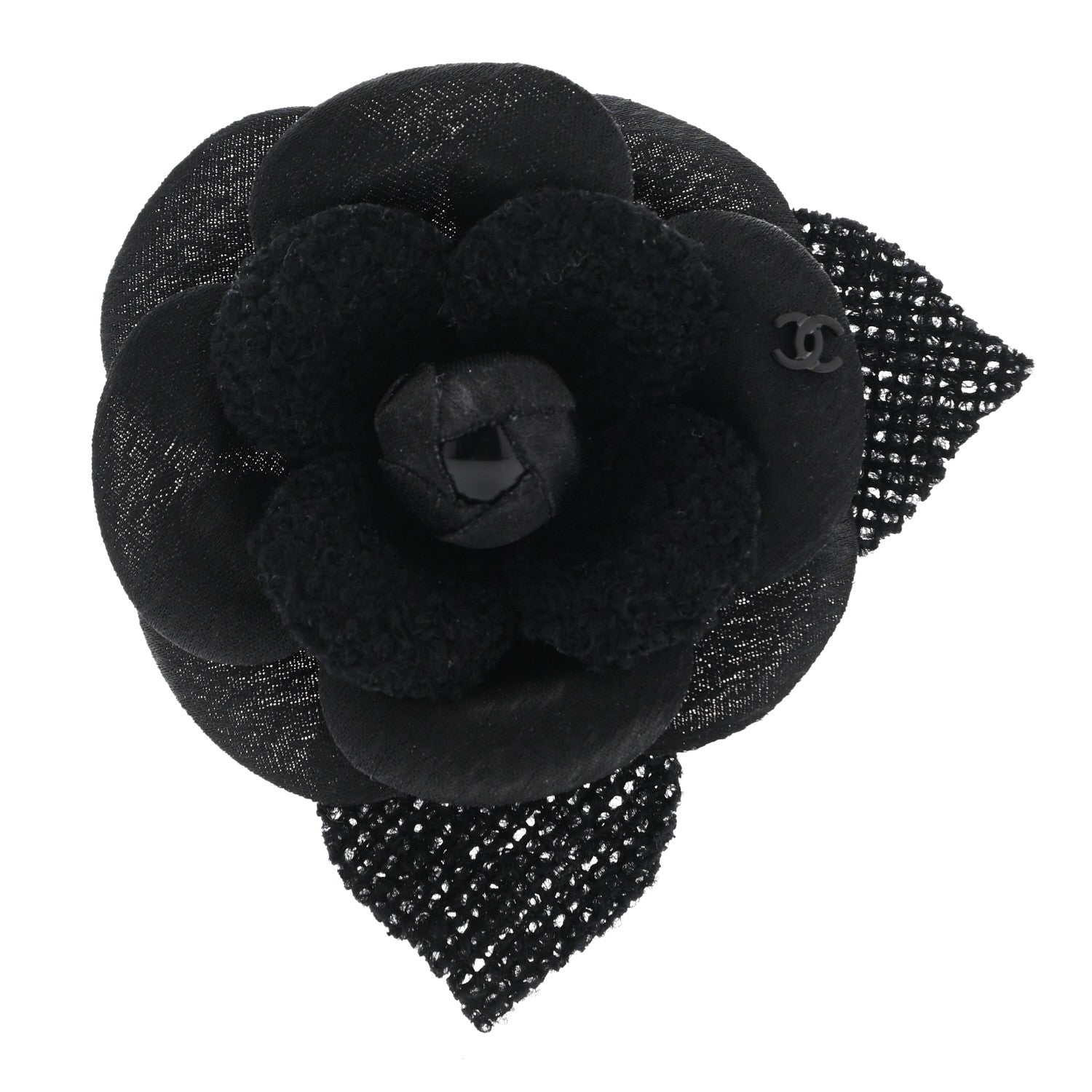 Chanel Tweed Camellia Pin Brooch Black 1 of 5