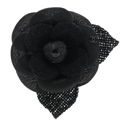 Chanel Tweed Camellia Pin Brooch Black 1 of 5