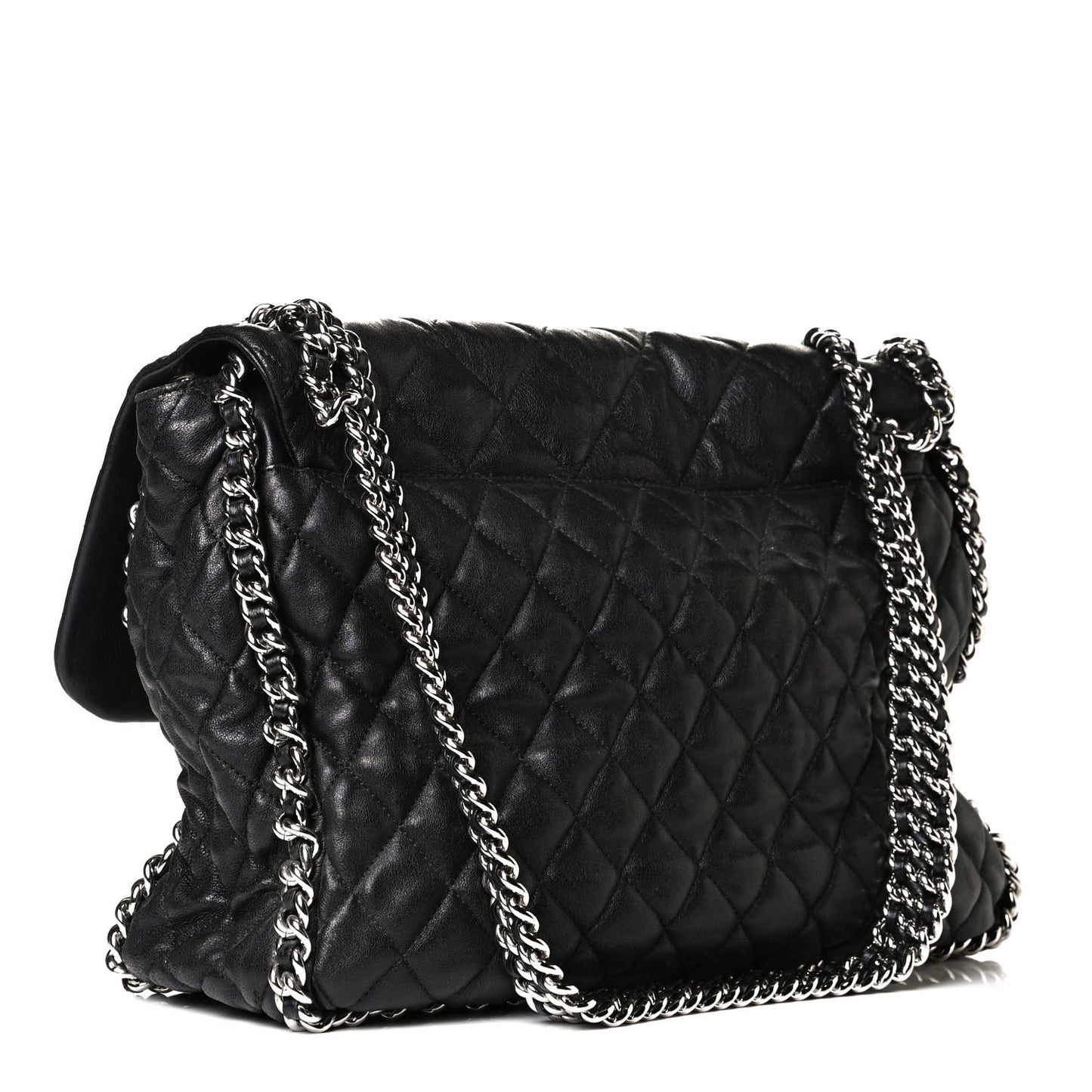 Washed Lambskin Quilted Maxi Chain Around Flap Black