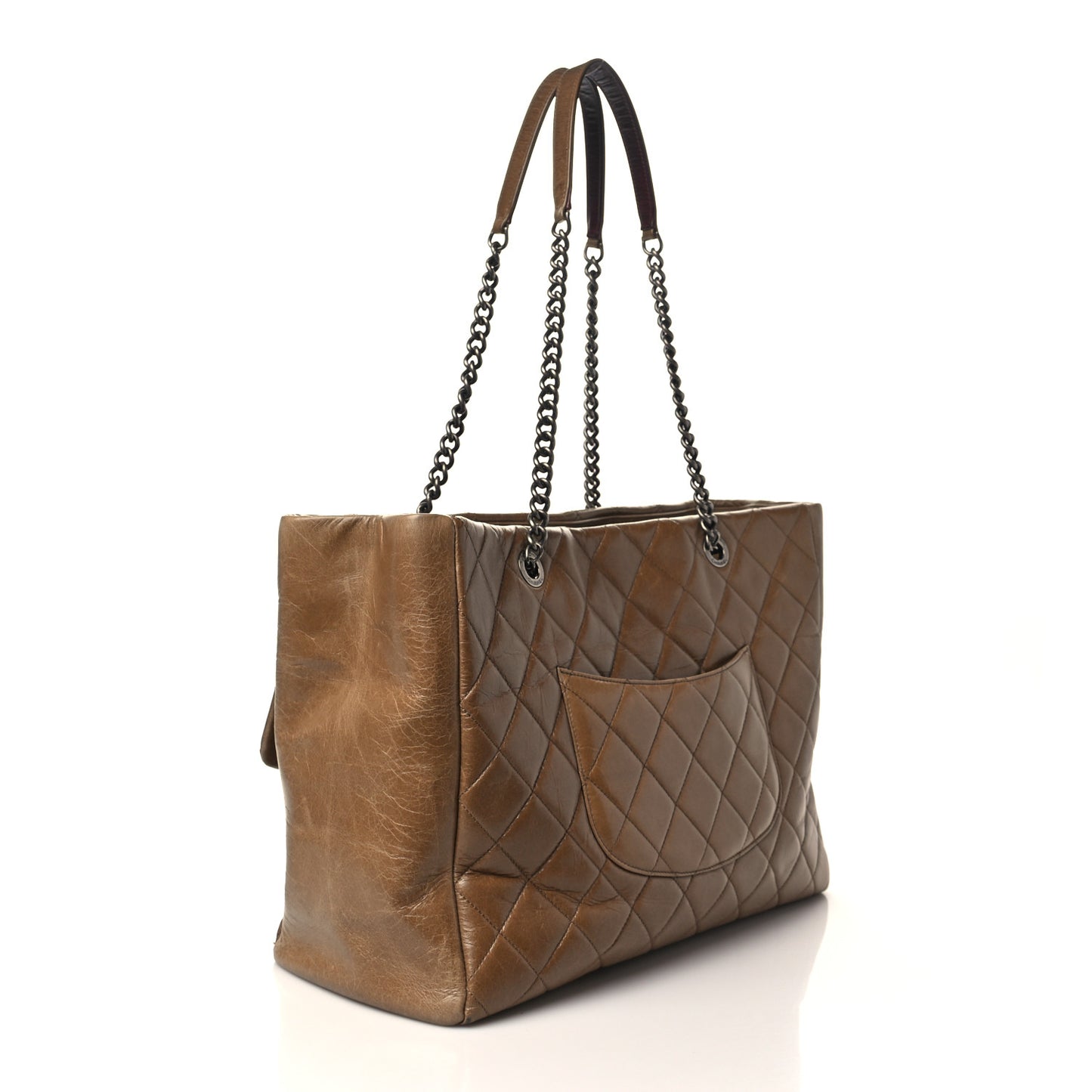 Glazed Calfskin Quilted Large Front Flap Tote Dark Beige