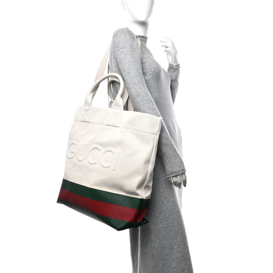Canvas Logo Embossed Ophidia Tote Beige