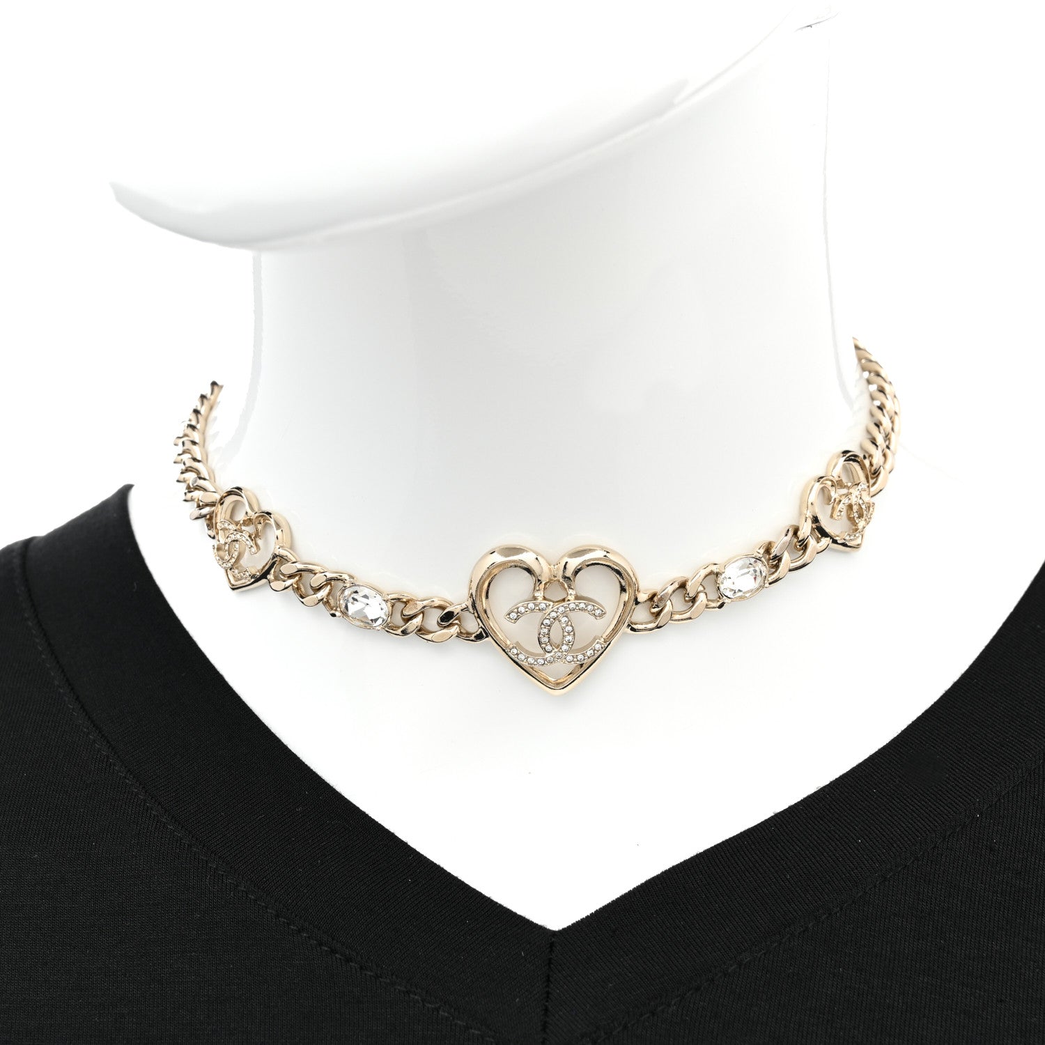 Chanel Metal Crystal Heart CC Chain Necklace Gold 2 of 7