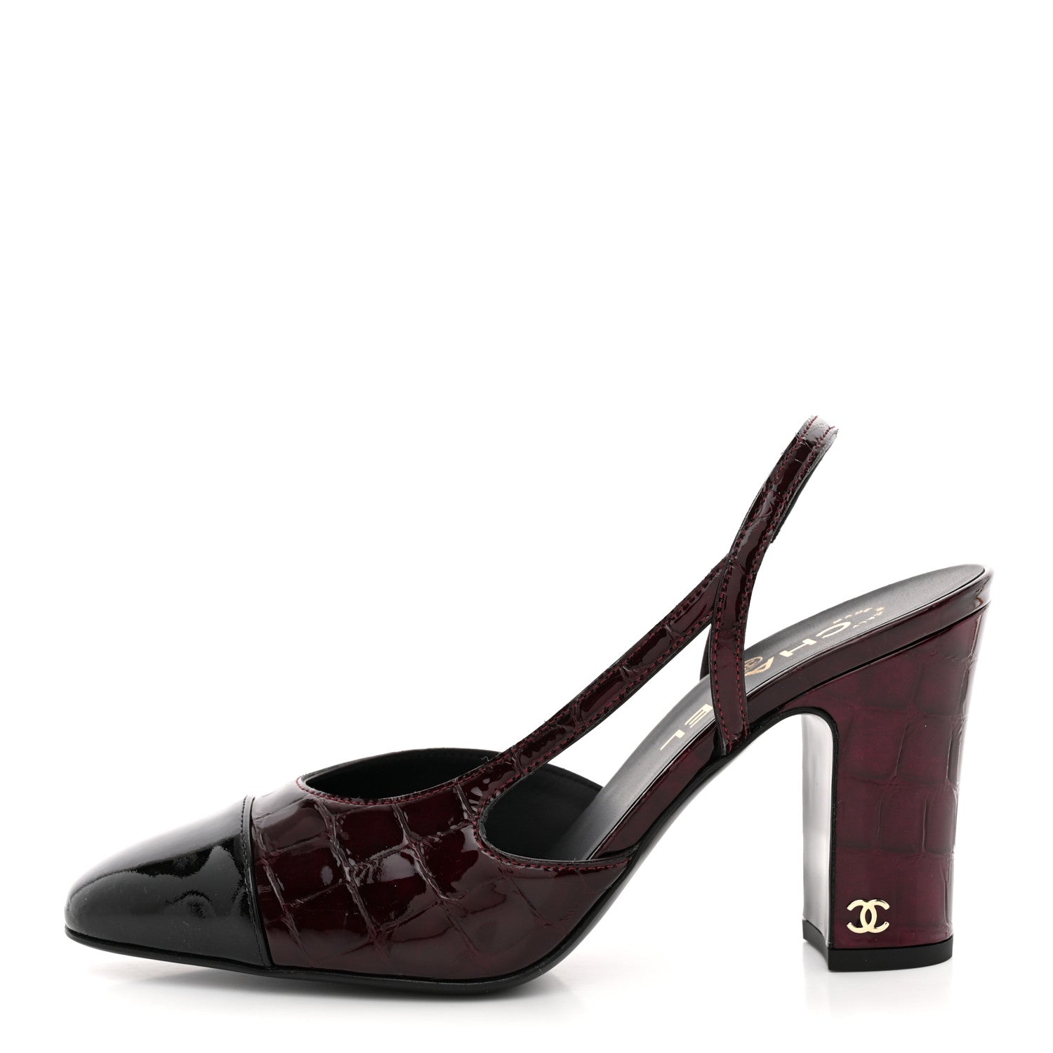 Chanel Patent Calfskin Crocodile Embossed Cap Toe CC Slingback Pumps 37.5 Dark Burgundy Black 1 of 11