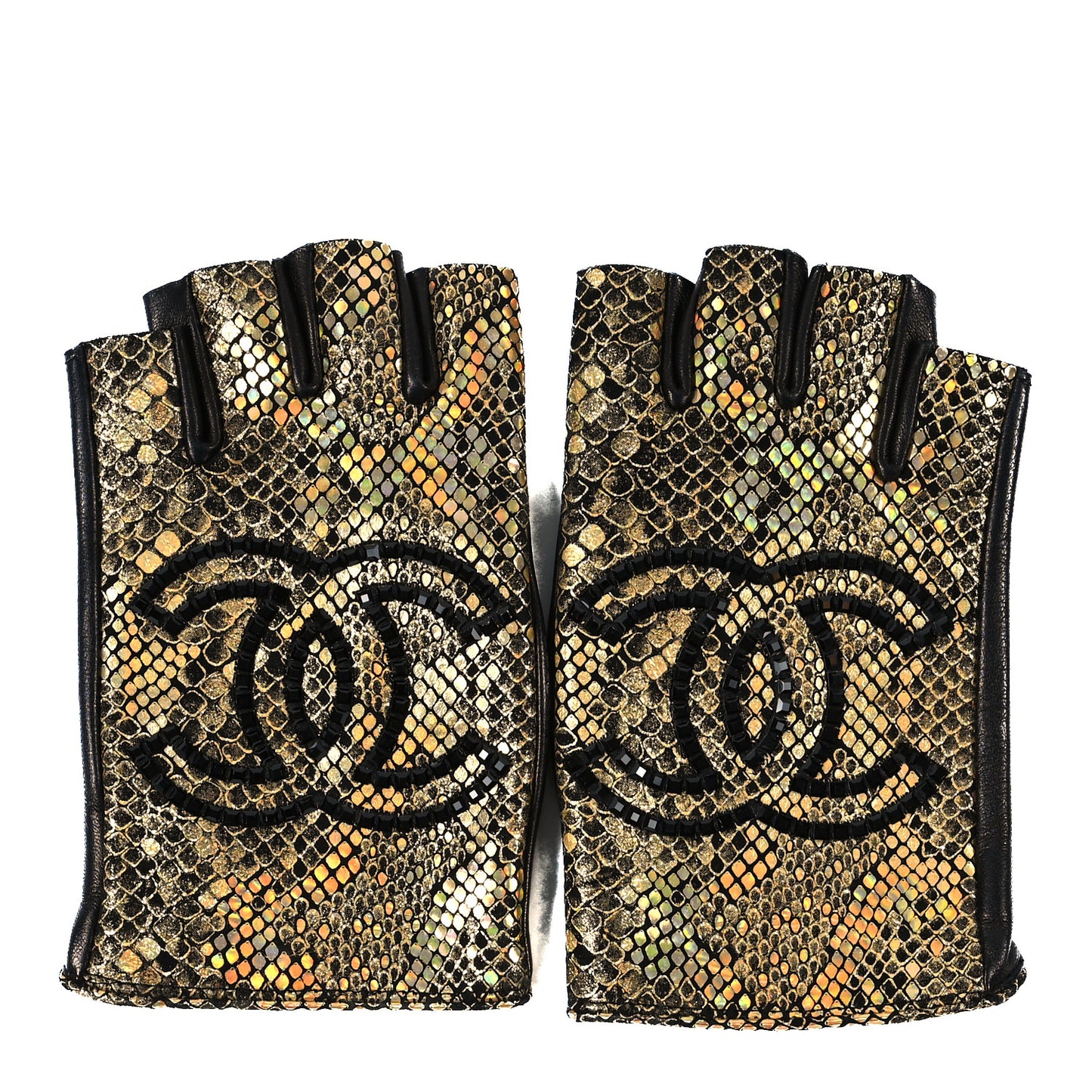 Lambskin Sequin Fingerless Gloves 7.5 Black Gold