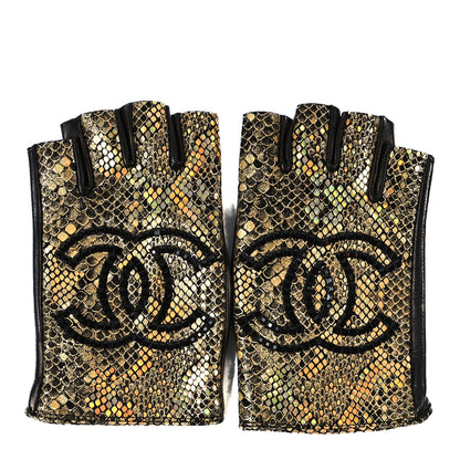 Chanel Lambskin Sequin Fingerless Gloves 7.5 Black Gold 1 of 4
