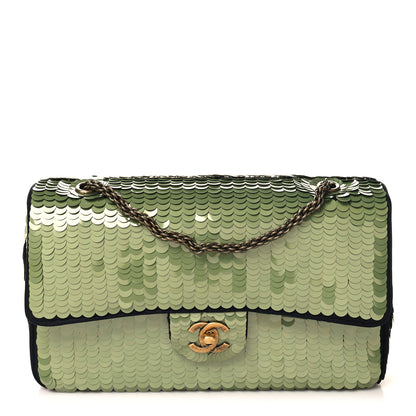 Chanel Satin Sequin Medium Paris Shanghai Double Flap Green 1 of 11