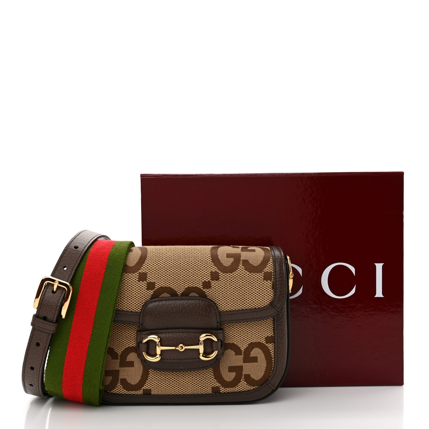 Monogram Jumbo GG Textured Dollar Calfskin Web Mini Horsebit 1955 Shoulder Bag Camel Ebony New Acero