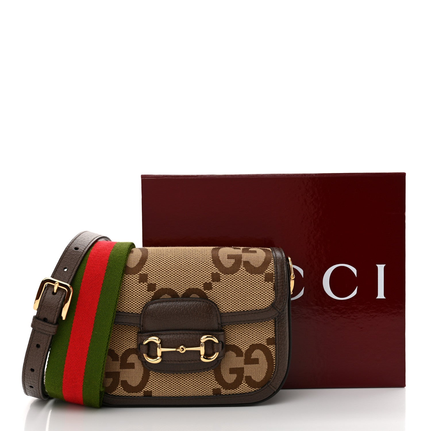 Gucci Monogram Jumbo GG Textured Dollar Calfskin Web Mini Horsebit 1955 Shoulder Bag Camel Ebony New Acero 11 of 11