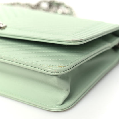 Chanel Lambskin Chevron Quilted Boy Wallet On Chain WOC Light Green 11 of 14