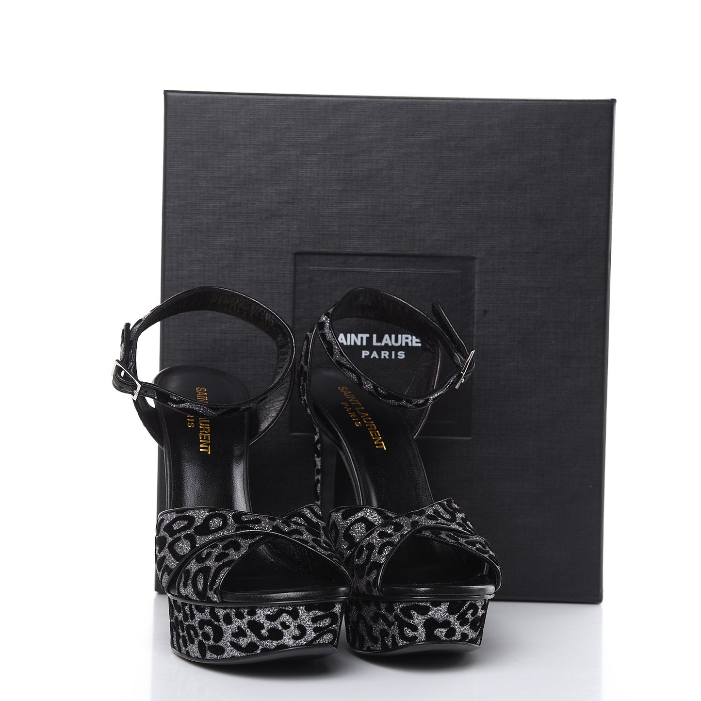 Velvet Glitter Leopard Print Platform Sandals 37.5 Argento Black