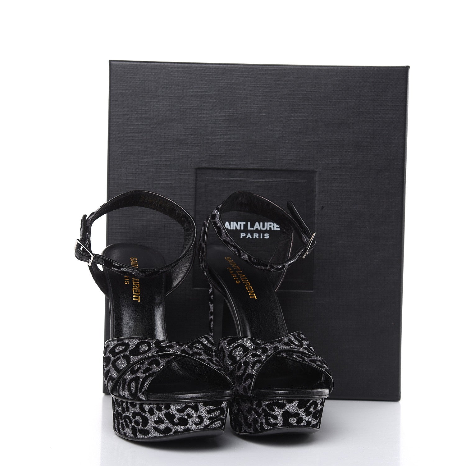 Saint Laurent Velvet Glitter Leopard Print Platform Sandals 37.5 Argento Black 9 of 9